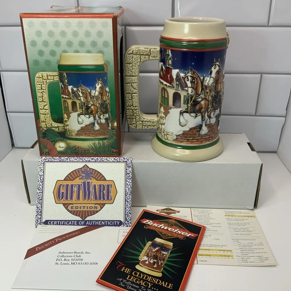 1998 Budweiser Holiday Stein Ceramic BeerMug Collectible Grants Farm Holiday NEW